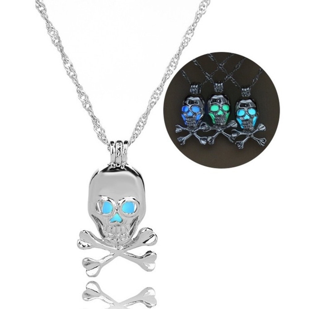 Skull Necklace Glow in dark sky blue Halloween costume silver chain pendant gift